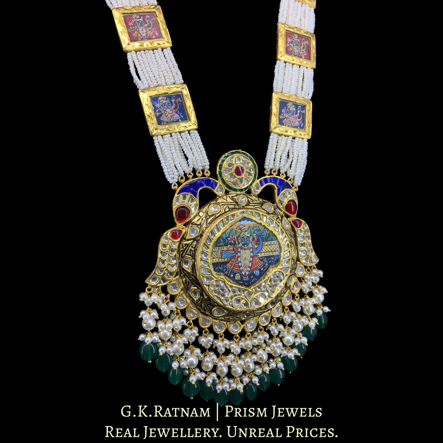 23k Gold and Diamond Polki Pendant Set with Patrihaar / Ranihaar of hand-painted Shri Nath Ji Motifs