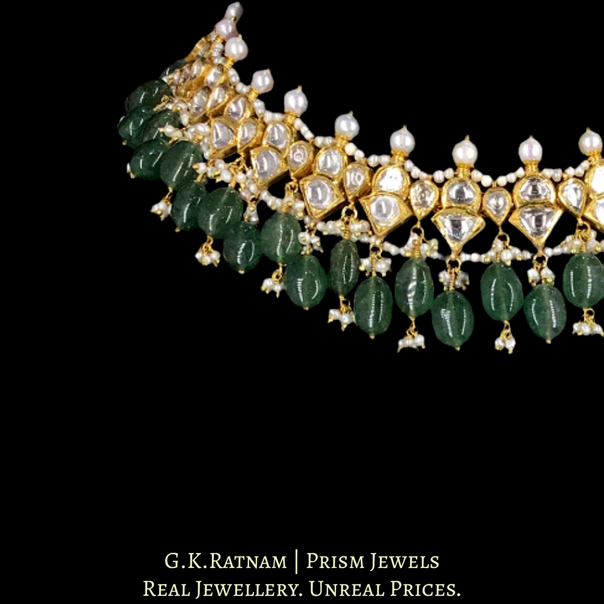 18k Gold and Diamond Polki Necklace enhanced with Hyderabadi Pearls and Strawberry Quartz