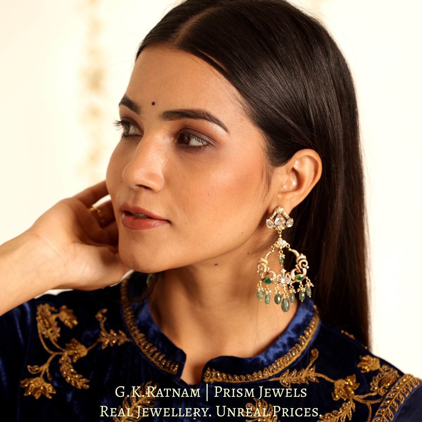 14k Gold and Diamond Polki Open Setting Chand Bali Earring Pair with Natural Emeralds