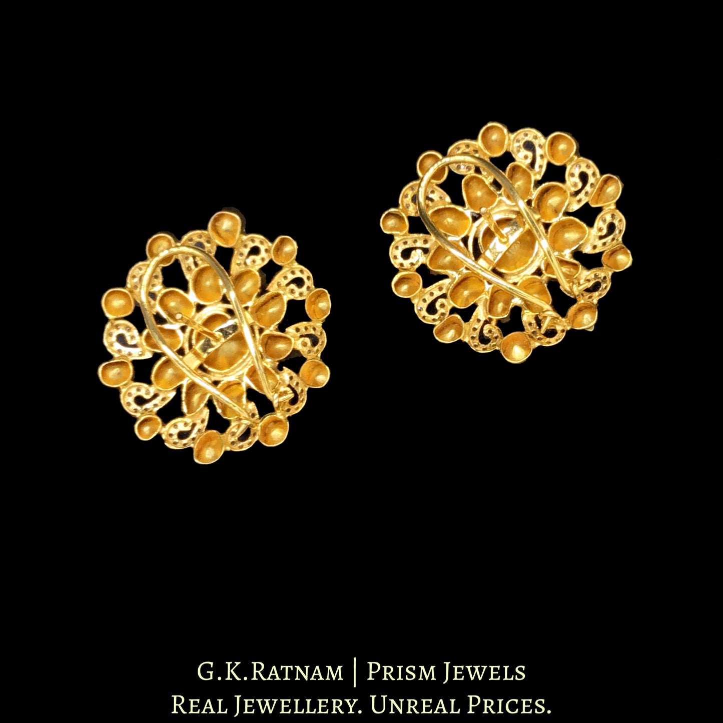 14k Gold and Diamond Polki Open Setting Whirlpool Karanphool Earring Pair - G. K. Ratnam