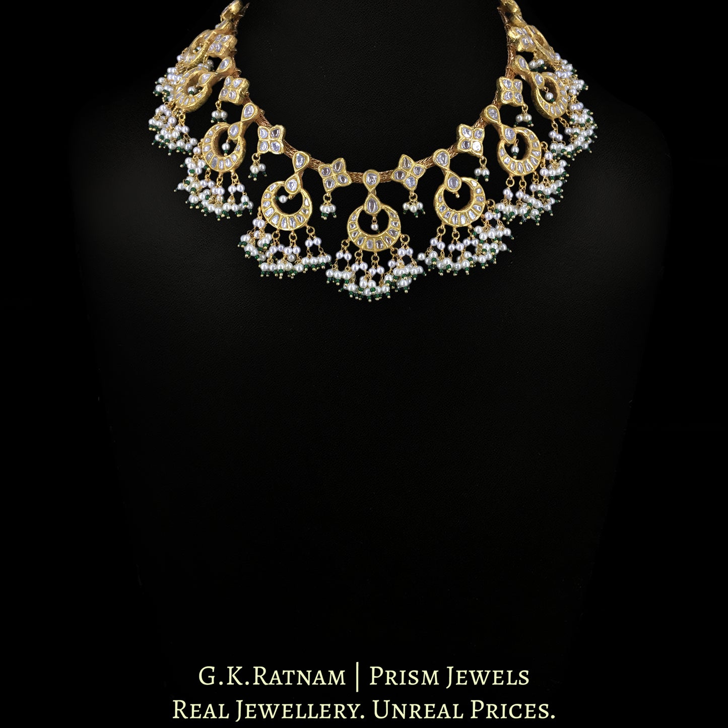 23k Gold And Diamond Polki Chain Necklace Set with chand-motifs