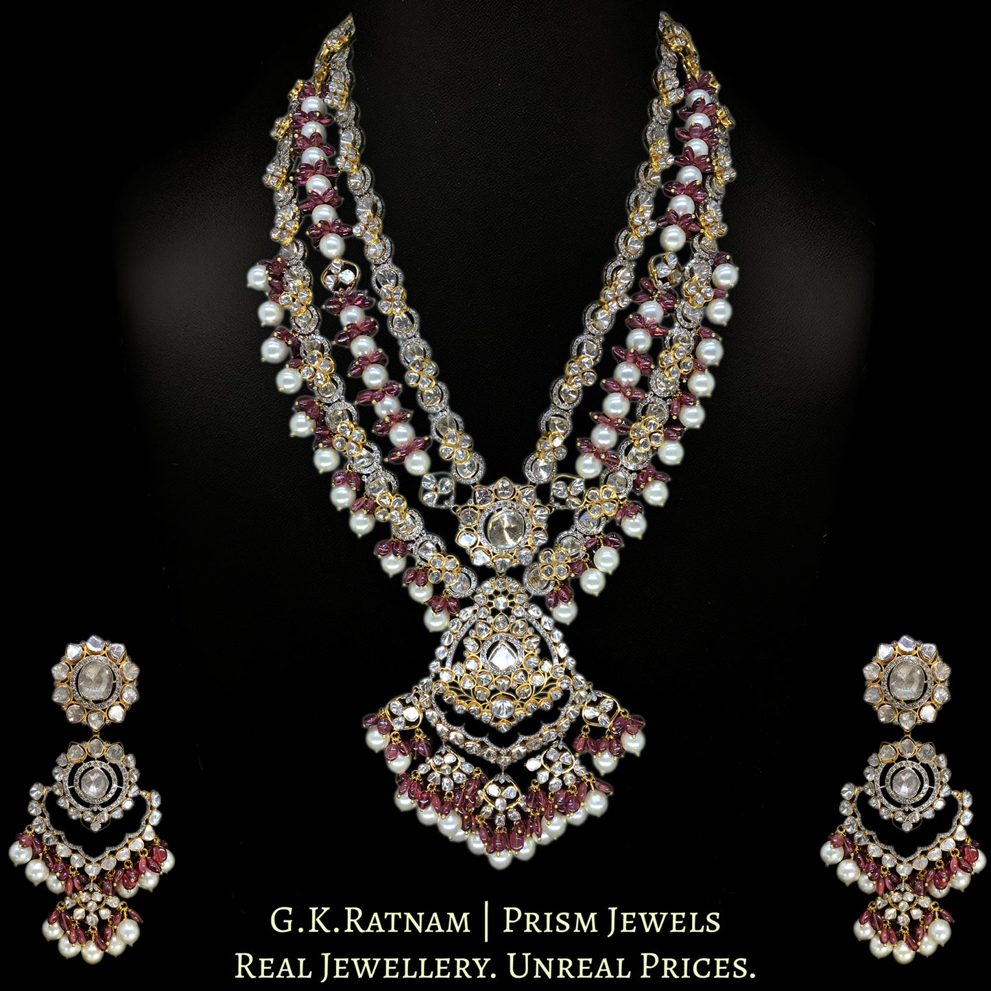 14k Gold and Diamond Polki Open Setting Necklace Set with Mozambique Garnets and south-sea-like Pearls - G. K. Ratnam