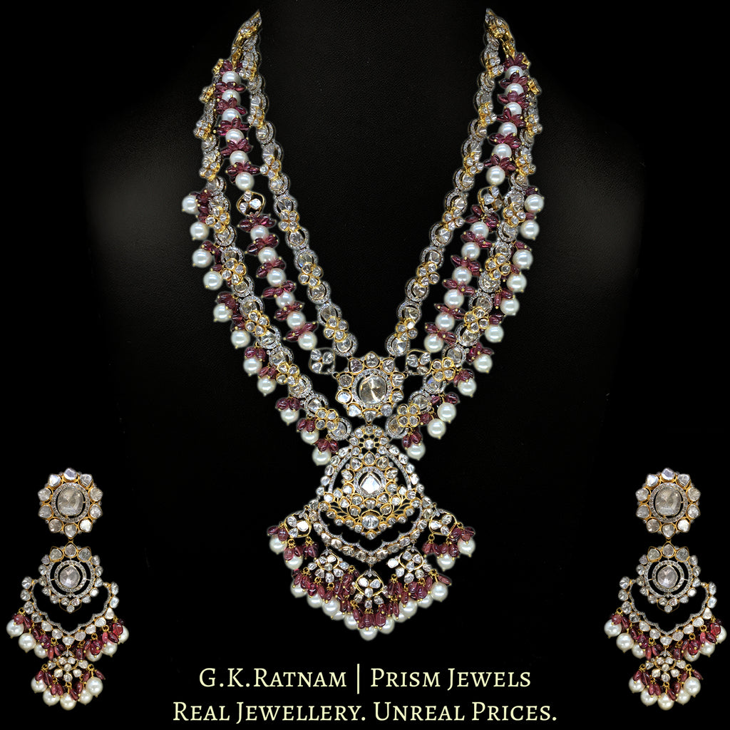 14k Gold and Diamond Polki Open Setting Necklace Set with Mozambique Garnets and south-sea-like Pearls