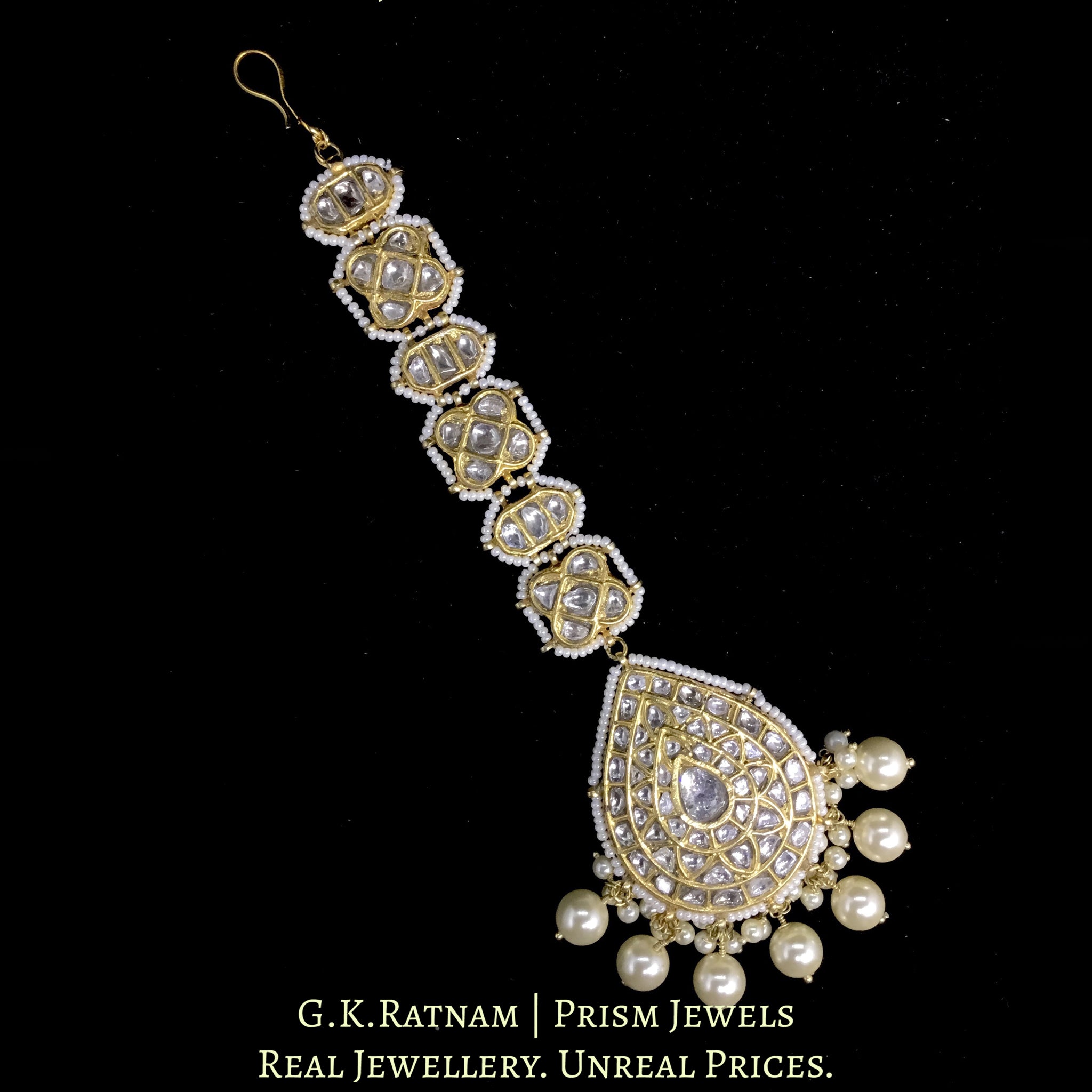 23k Gold and Diamond Polki Maang Tika enhanced with triple-coated shell pearls