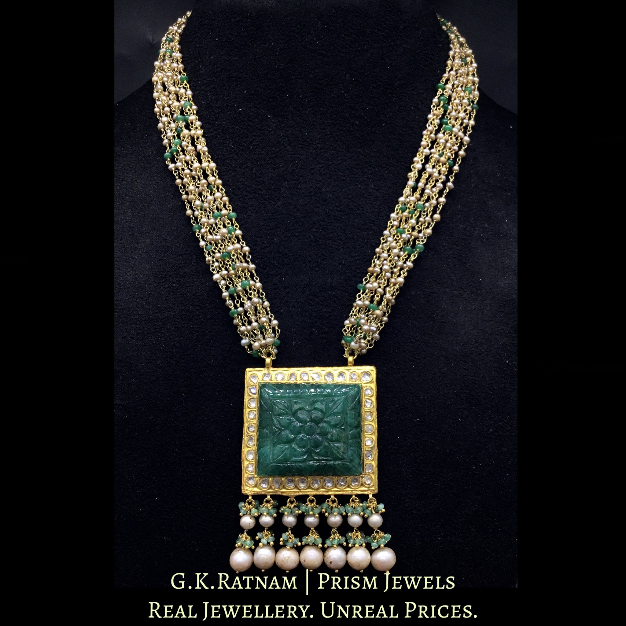 23k Gold and Diamond Polki Pendant with Square Carved Green Beryl strung in antiqued hyderabadi pearl chains