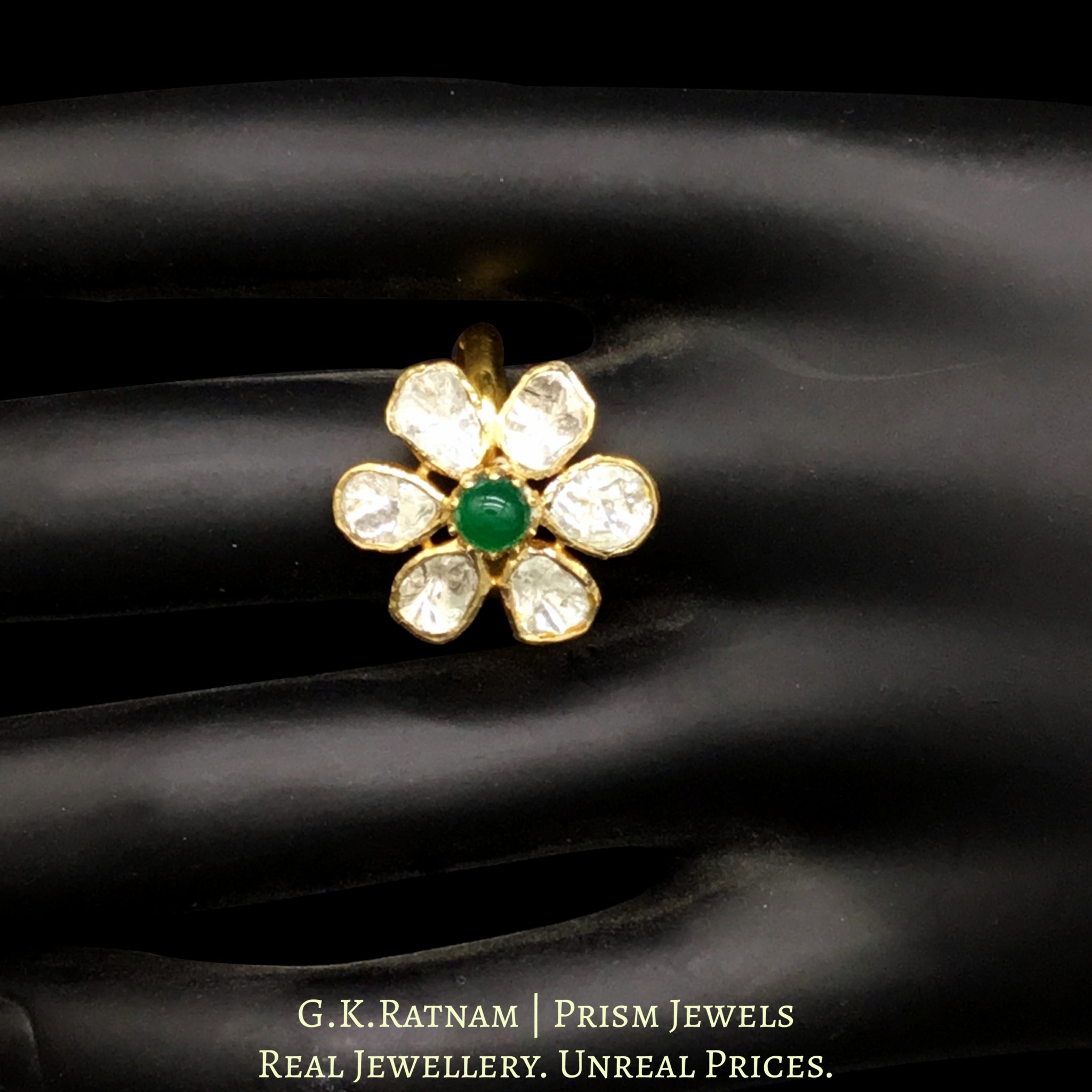 14k Gold and Diamond Polki Open Setting floral Ring with emerald center