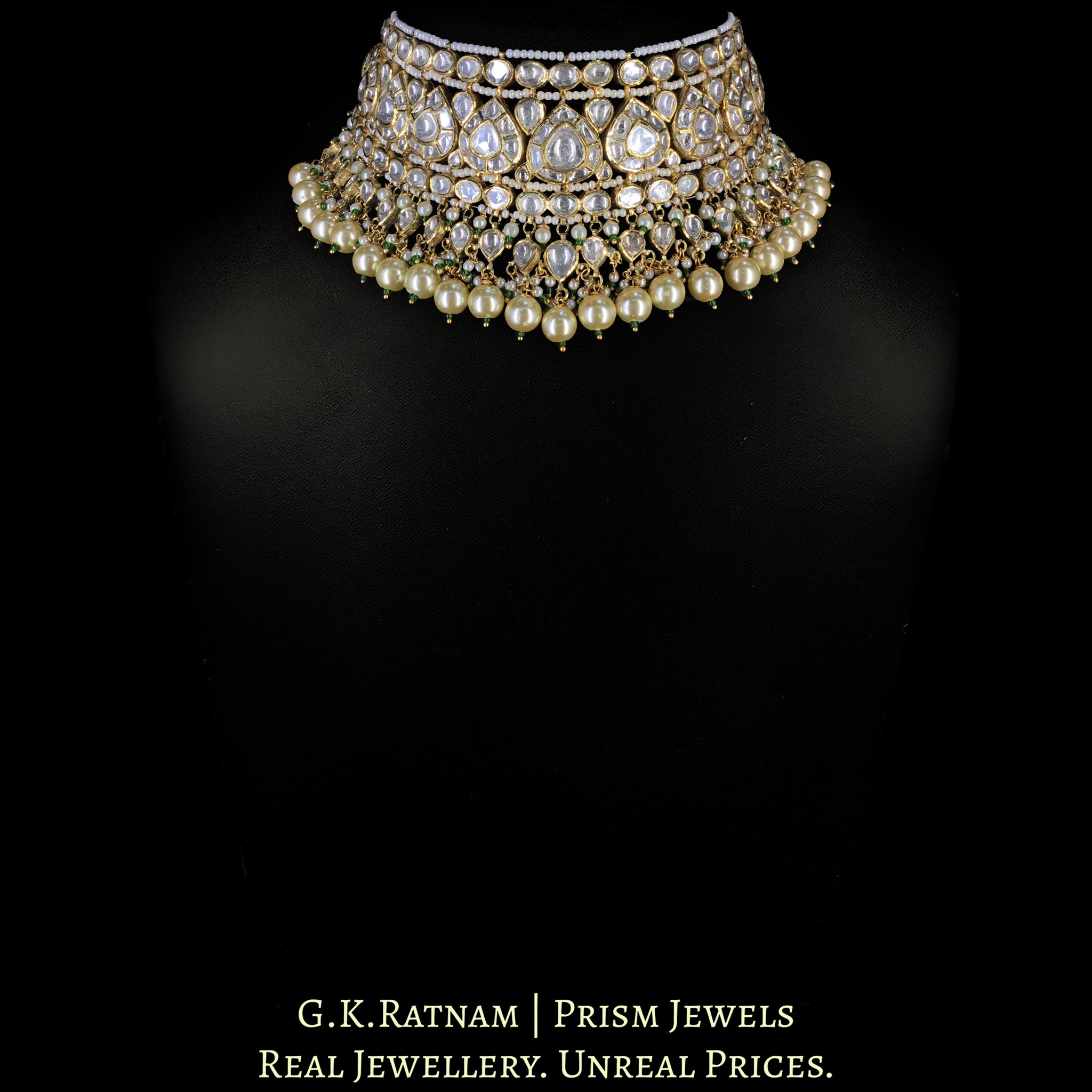 18k Gold and Diamond Polki pear-motifs Choker Necklace Set With south-sea-like Pearls