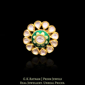 18k Gold and Diamond Polki Round Ring with green floral enamel