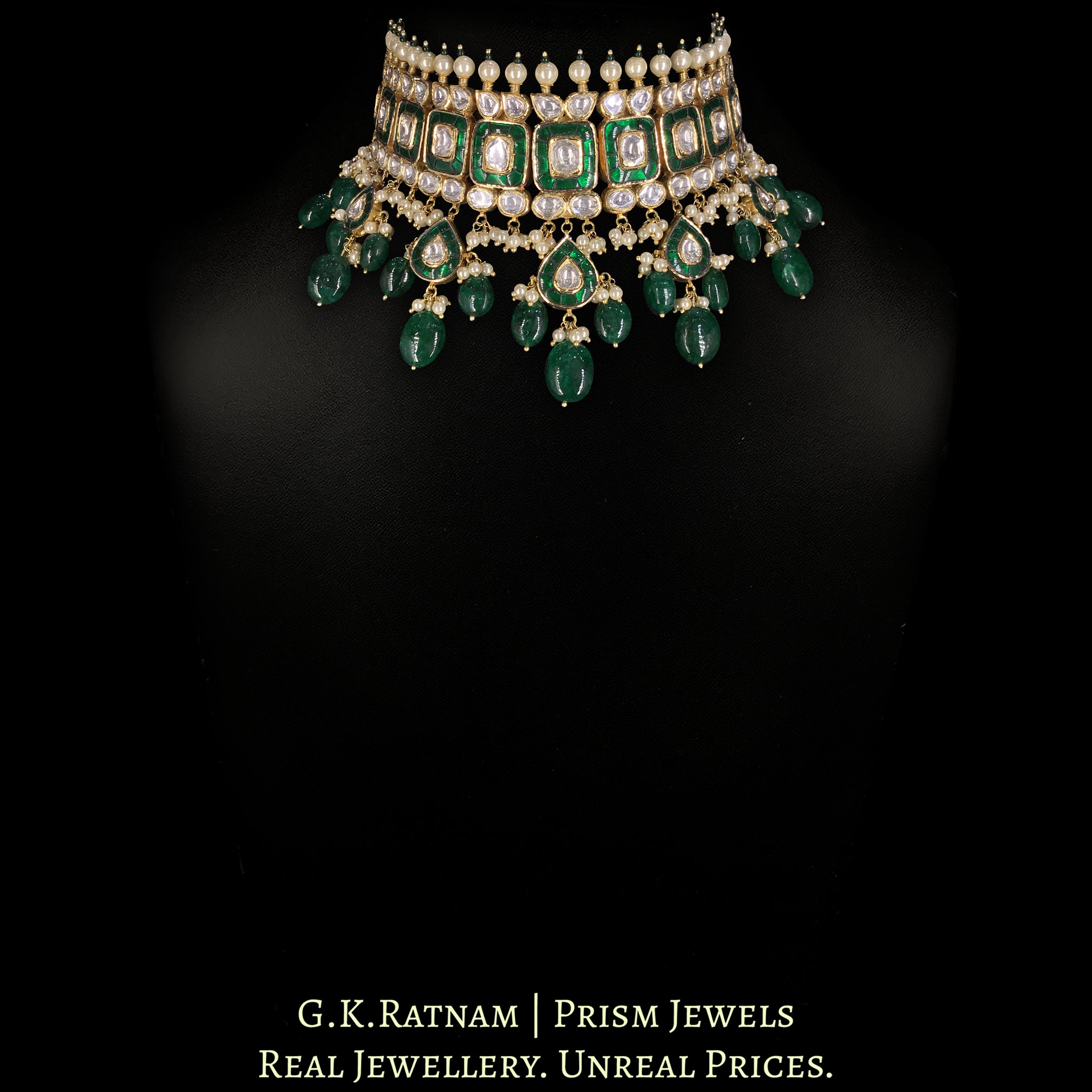 18k Gold and Diamond Polki Choker Necklace Set With Green Beryls and Pearls