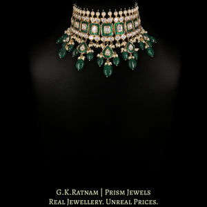 18k Gold and Diamond Polki Choker Necklace Set With Green Beryls and Pearls