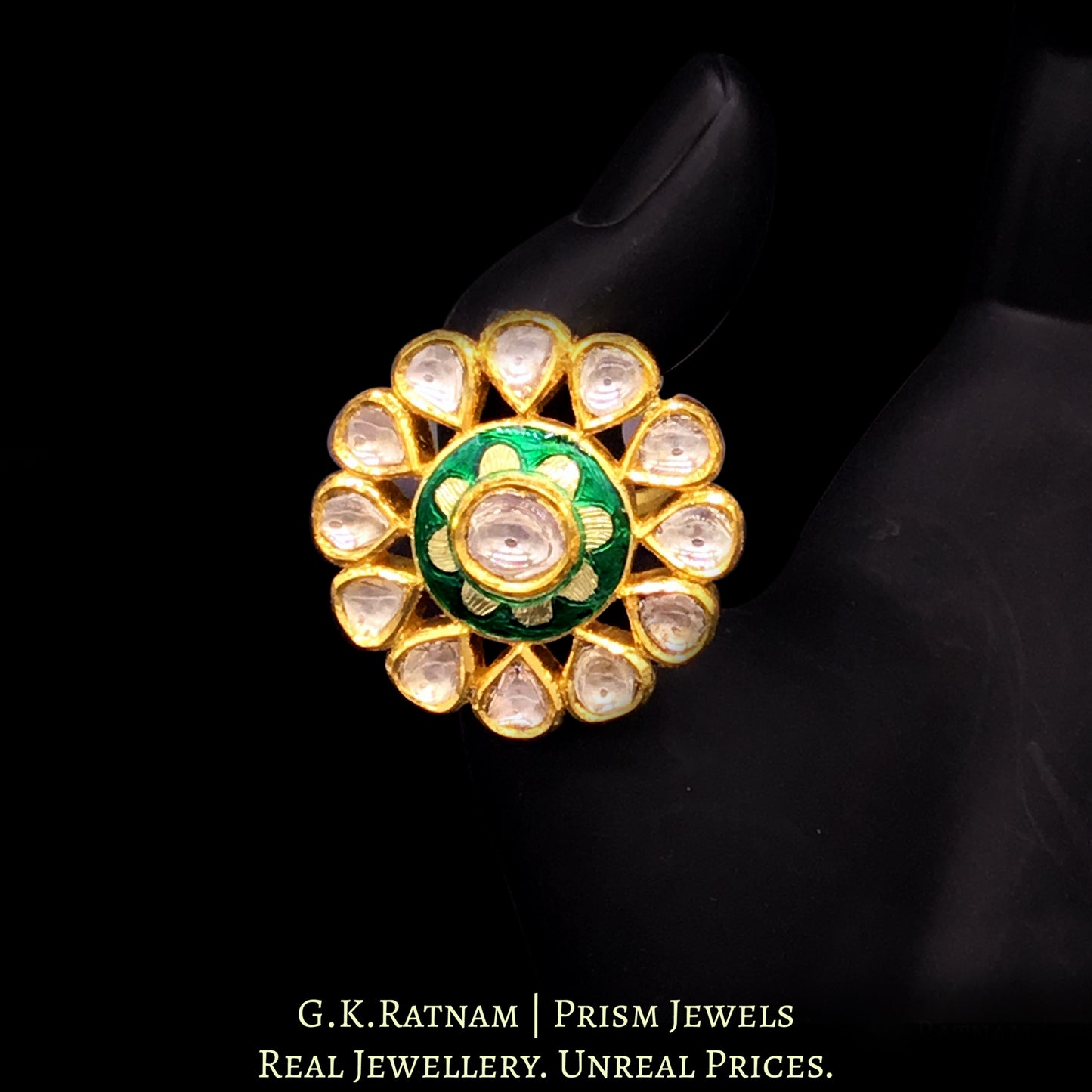 18k Gold and Diamond Polki Round Ring with green floral enamel