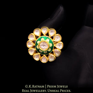 18k Gold and Diamond Polki Round Ring with green floral enamel