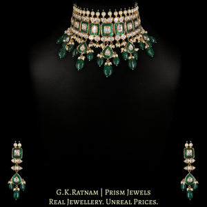 18k Gold and Diamond Polki Choker Necklace Set With Green Beryls and Pearls