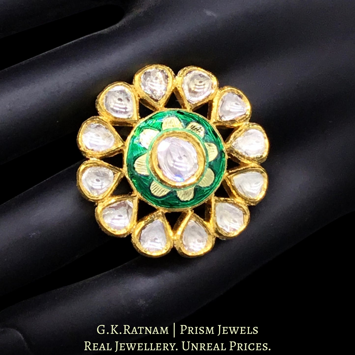 18k Gold and Diamond Polki Round Ring with green floral enamel