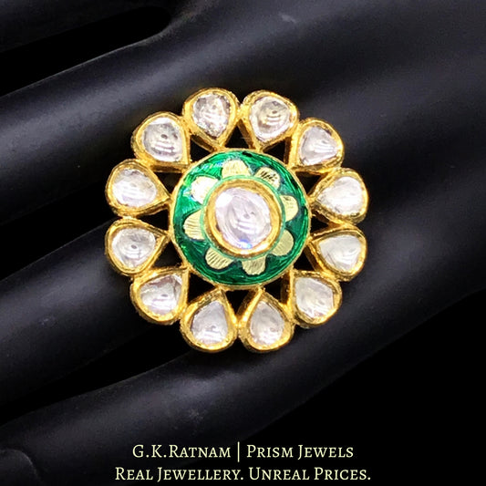 18k Gold and Diamond Polki Round Ring with green floral enamel
