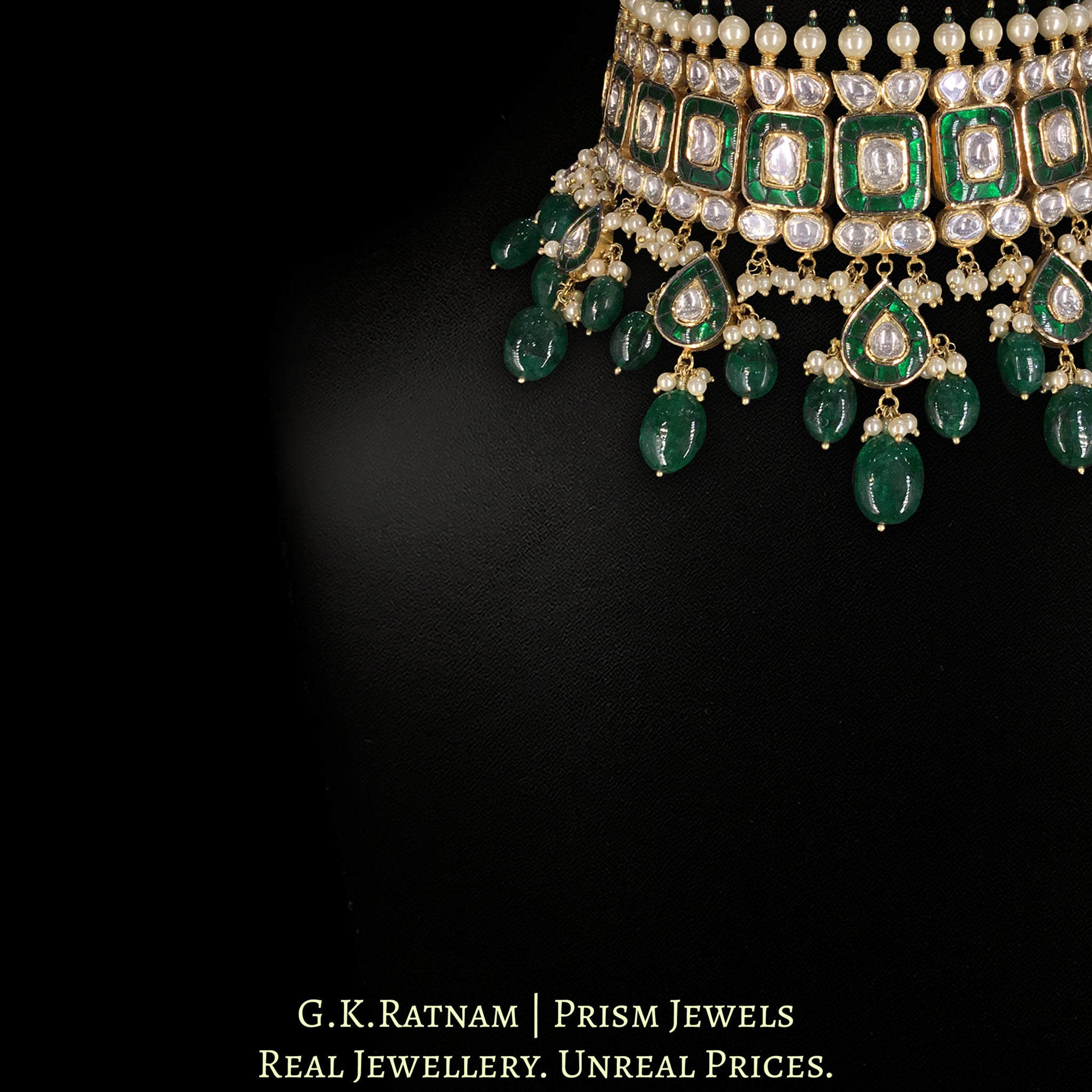 18k Gold and Diamond Polki Choker Necklace Set With Green Beryls and Pearls