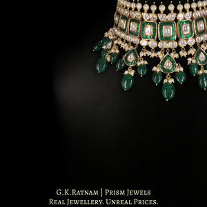 18k Gold and Diamond Polki Choker Necklace Set With Green Beryls and Pearls