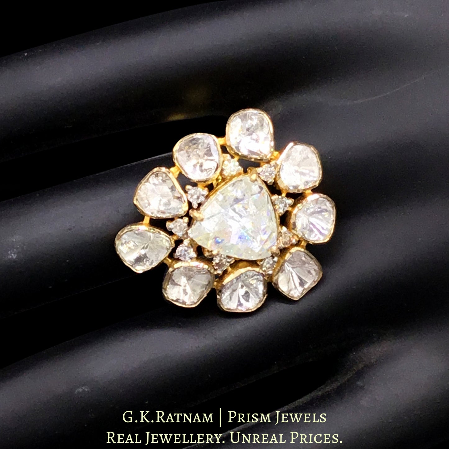 18k Gold and Diamond Polki pear-shaped Ring with English Polki Center