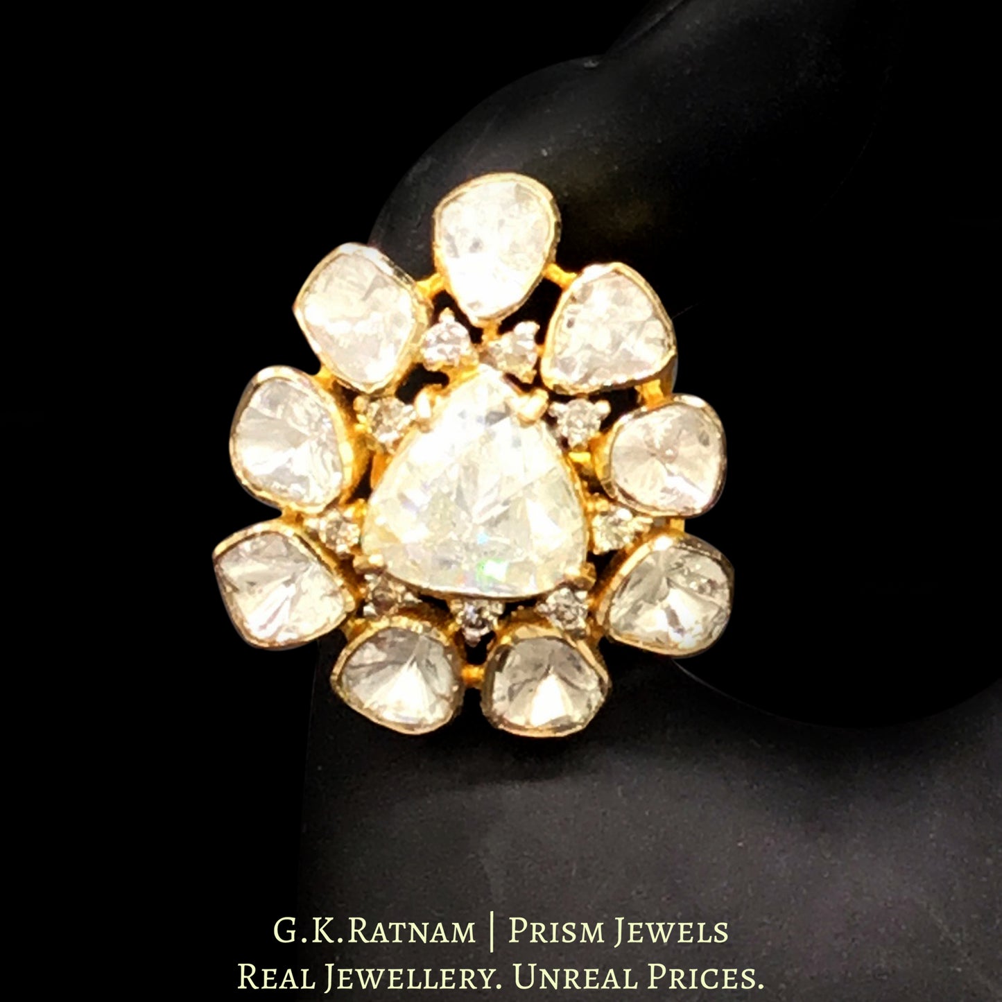 18k Gold and Diamond Polki pear-shaped Ring with English Polki Center