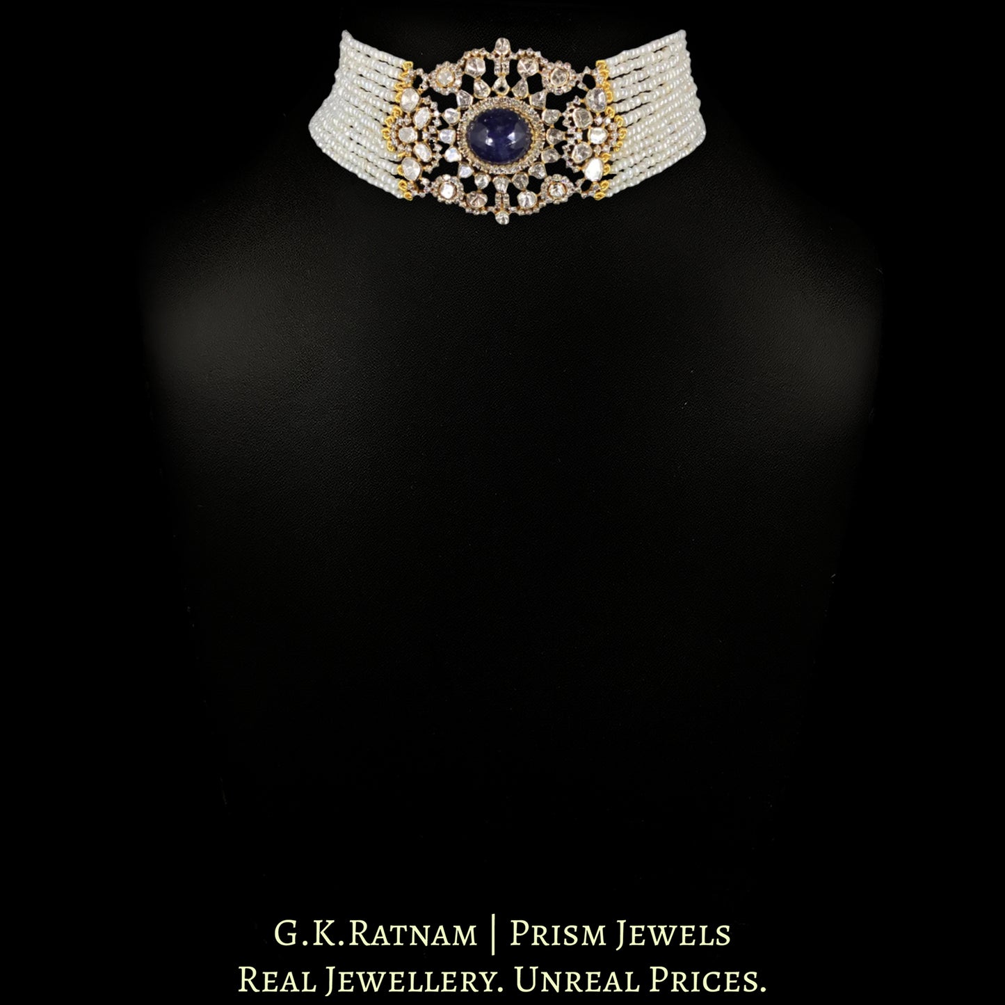 14k Gold and Diamond Polki Open Setting Choker Necklace with interchangeable Ruby, Blue Sapphire and Green Beryl collets