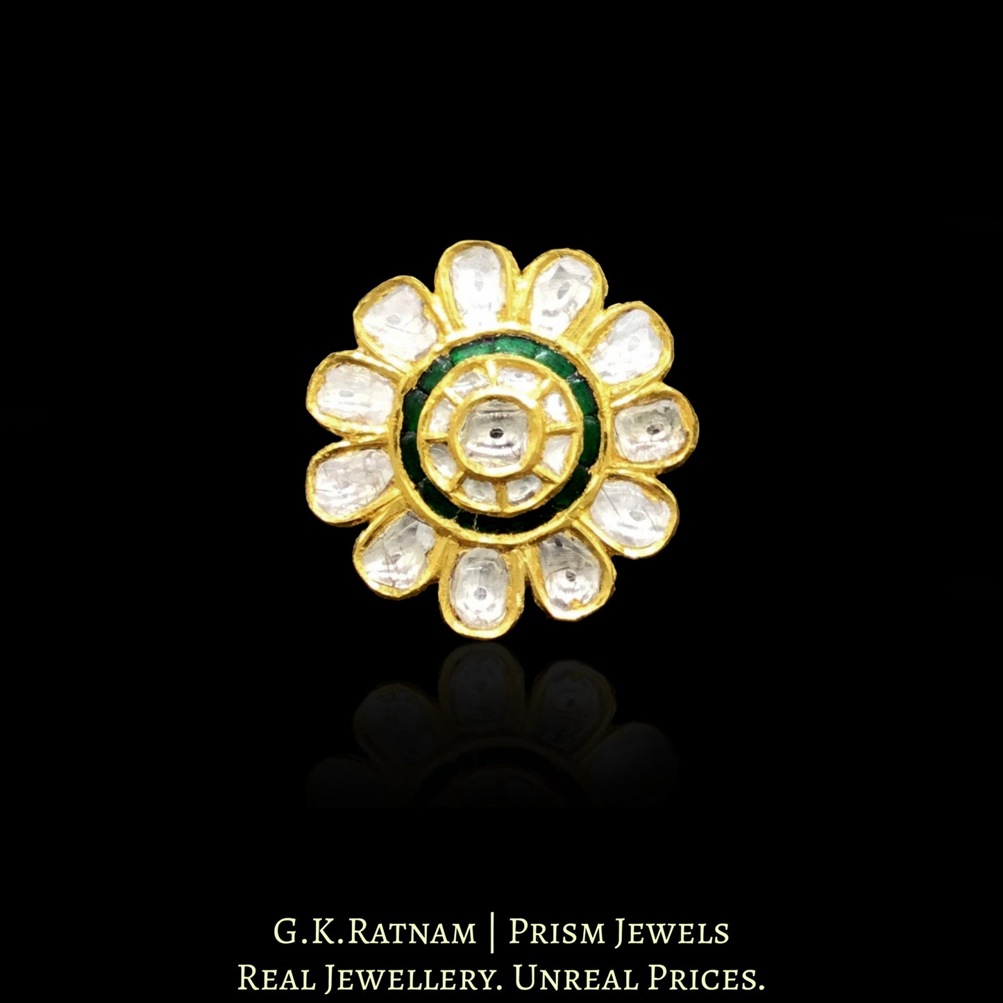 18k Gold and Diamond Polki floral cocktail Ring with emerald green stones - G. K. Ratnam