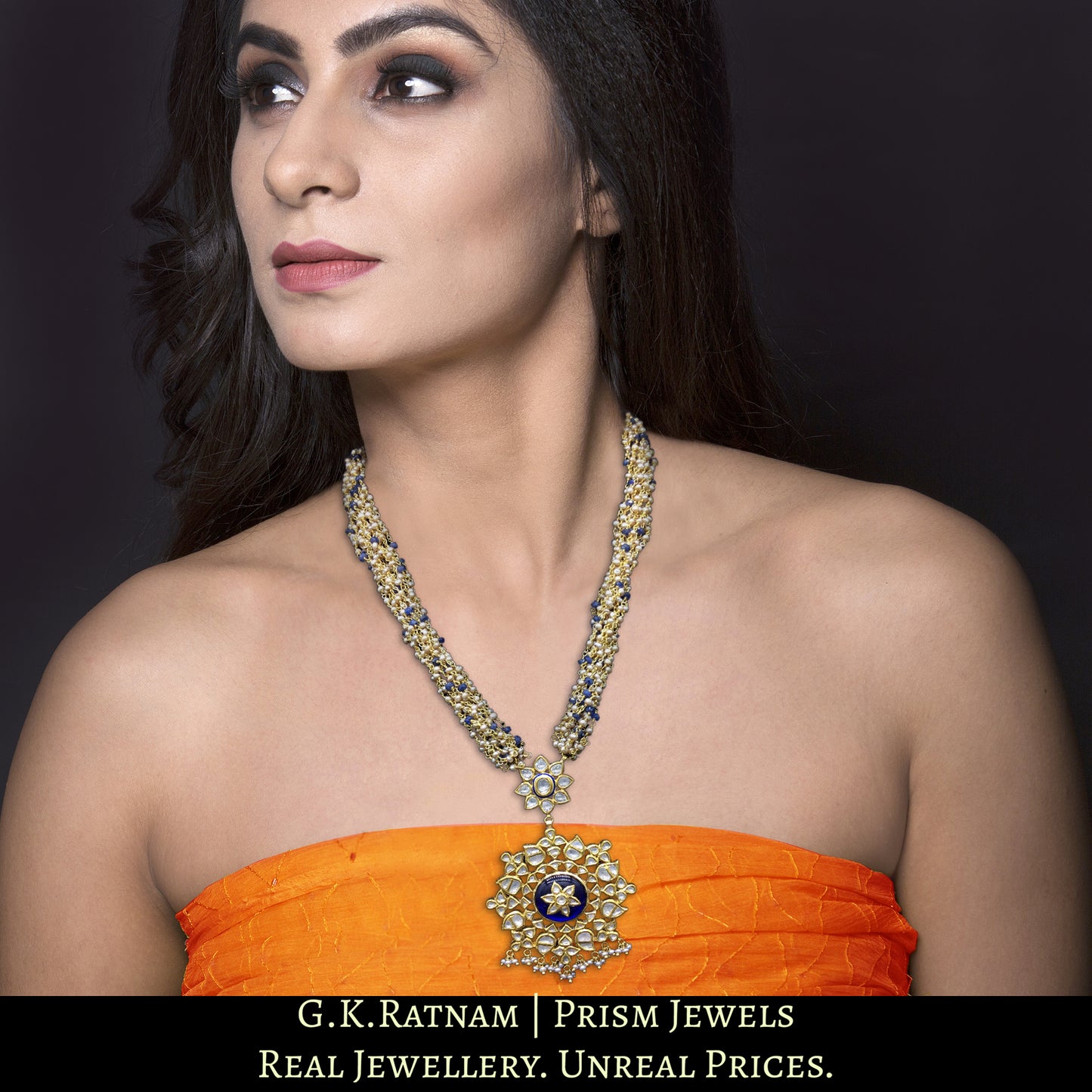 Traditional Gold and Diamond Polki blue hybrid Pendant Set with antiqued basra-look freshwater pearl chains