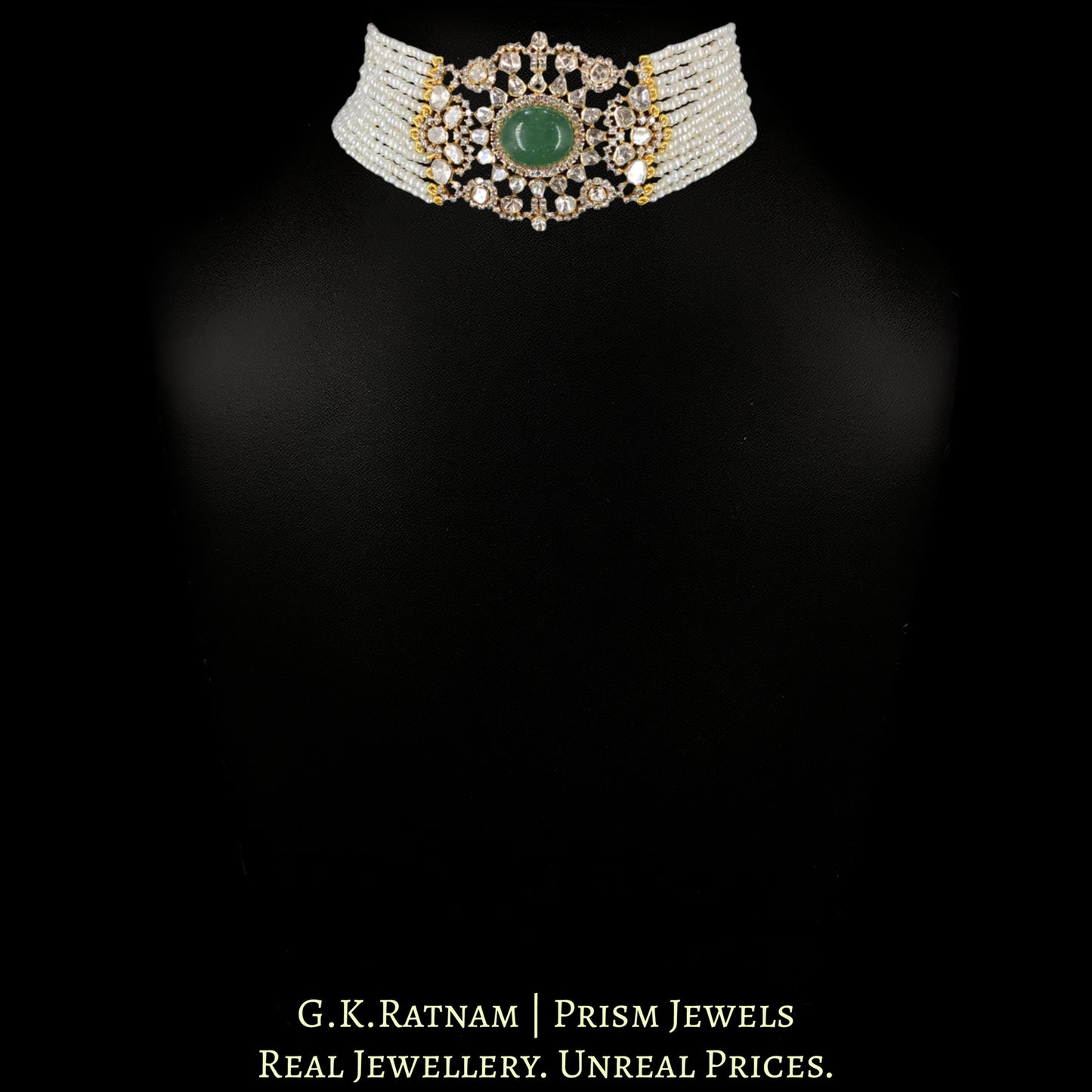 14k Gold and Diamond Polki Open Setting Choker Necklace with interchangeable Ruby, Blue Sapphire and Green Beryl collets