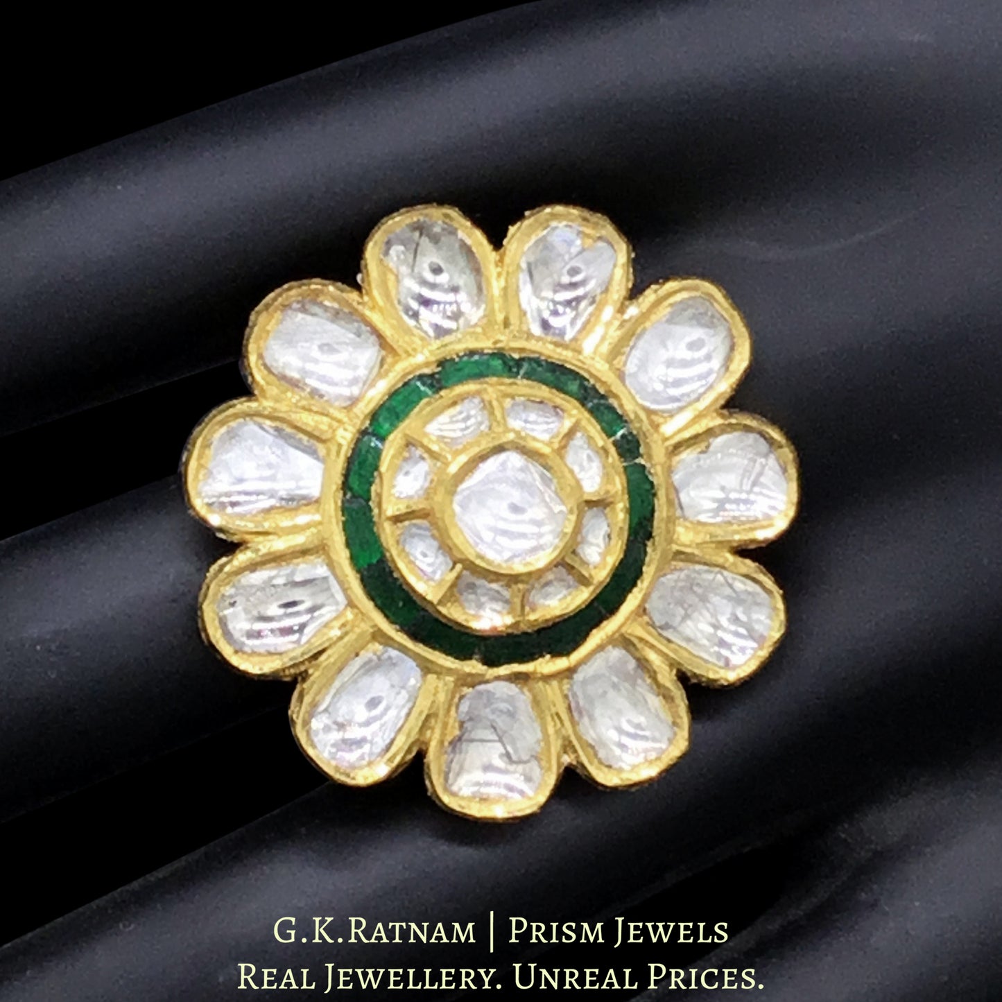 18k Gold and Diamond Polki floral cocktail Ring with emerald green stones - G. K. Ratnam