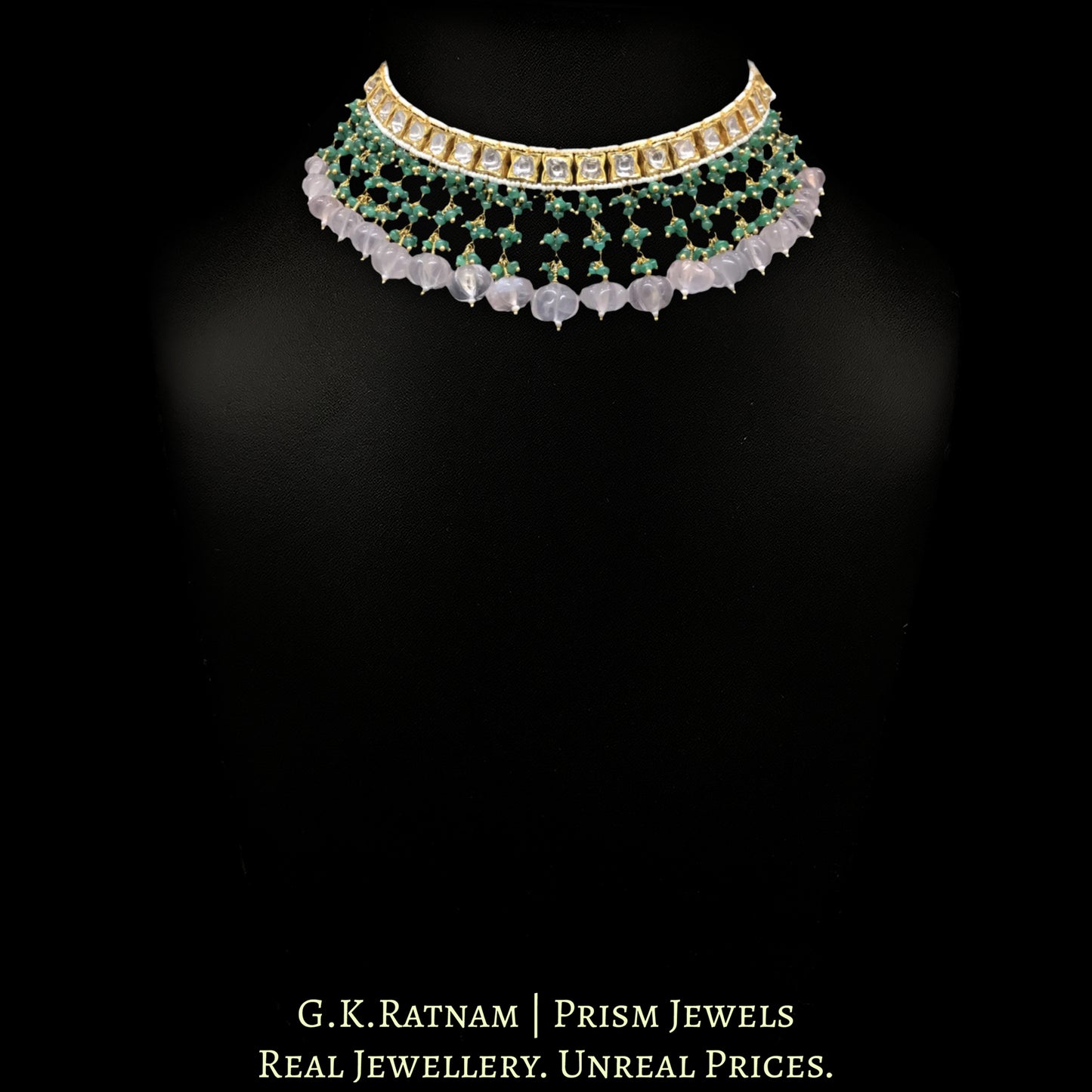 18k Gold and Diamond Polki Choker Necklace with Rose Quartz Melons and Emeralds - G. K. Ratnam