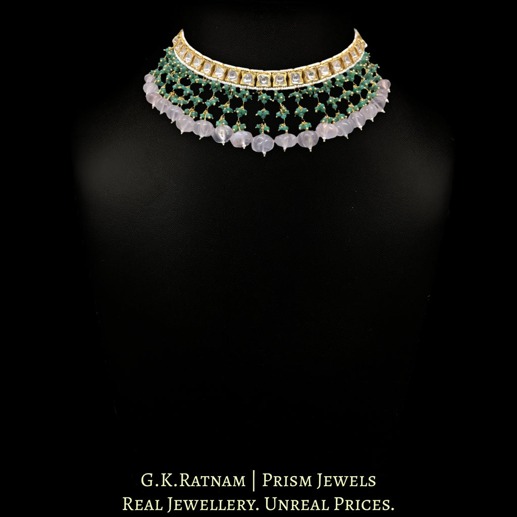 18k Gold and Diamond Polki Choker Necklace with Rose Quartz Melons and Emeralds