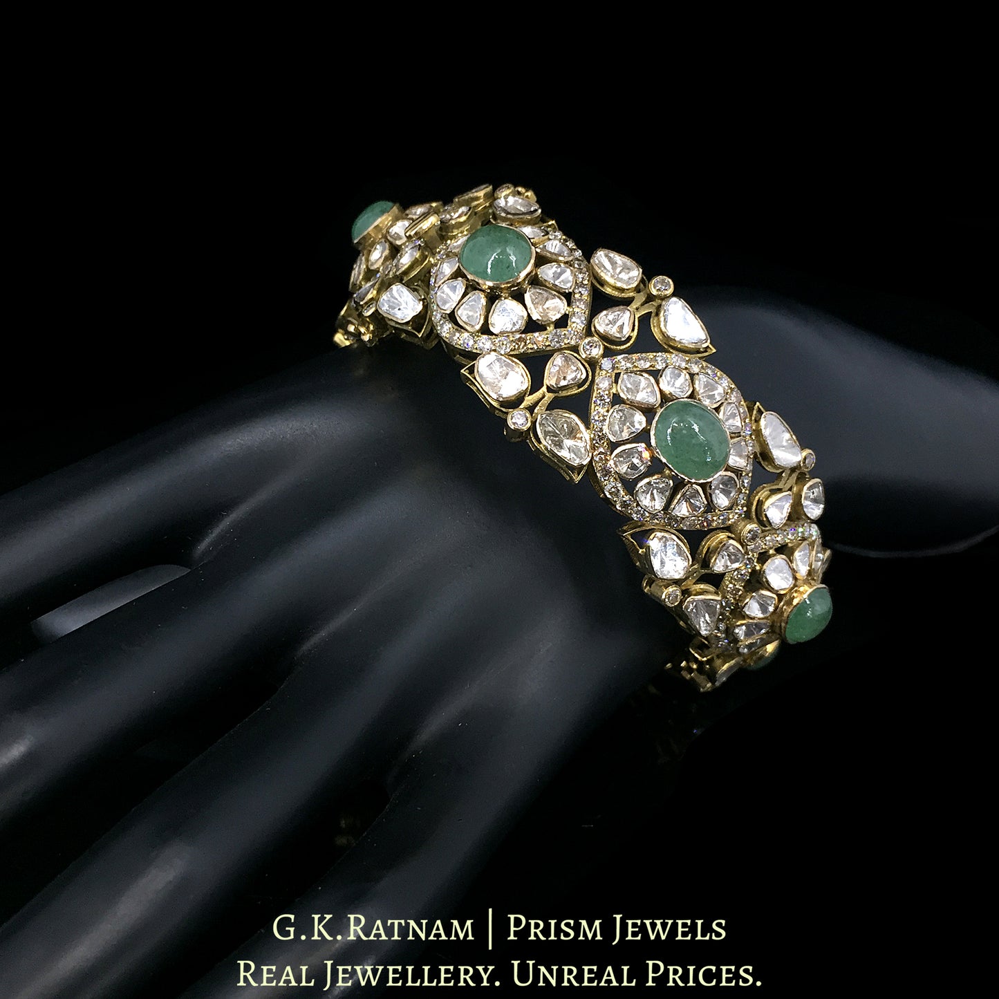 18k Gold and Diamond Polki Open Setting Bangle with emerald-grade Strawberry Quartz - G. K. Ratnam