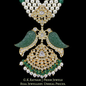 22k Gold and Diamond Polki Pendant with hand-carved emerald-green stones in Bird Motif