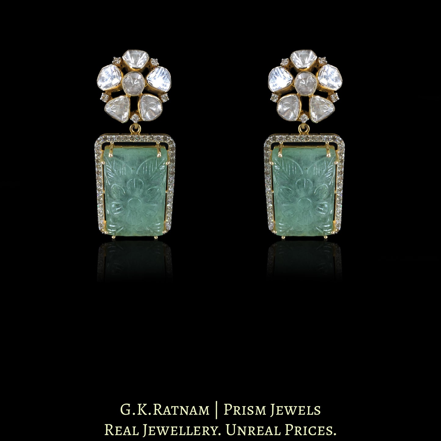 14k Gold and Diamond Polki Open Setting Long Earring Pair with hand-carved Strawberry Quartz