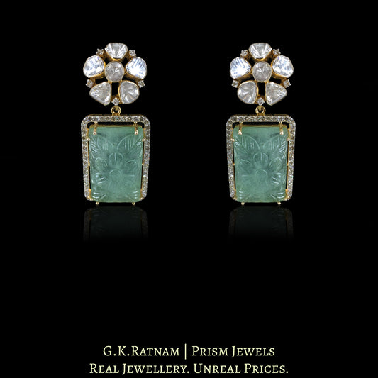 14k Gold and Diamond Polki Open Setting Long Earring Pair with hand-carved Strawberry Quartz