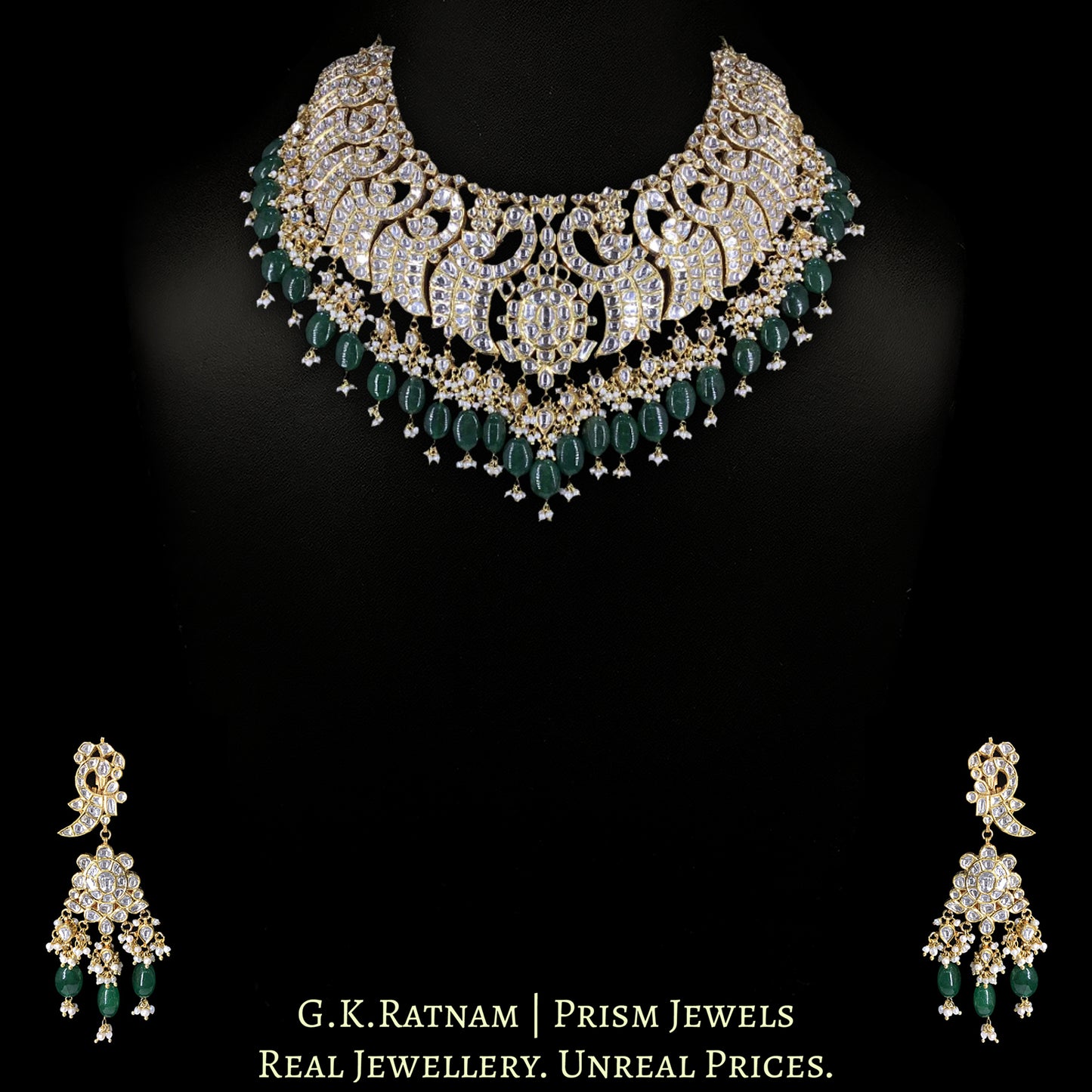 18k Gold and Diamond Polki Necklace Set with Peacock Motifs