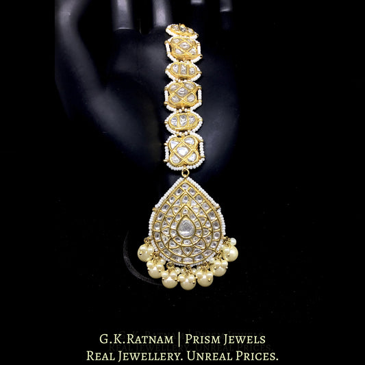 23k Gold and Diamond Polki Maang Tika enhanced with triple-coated shell pearls