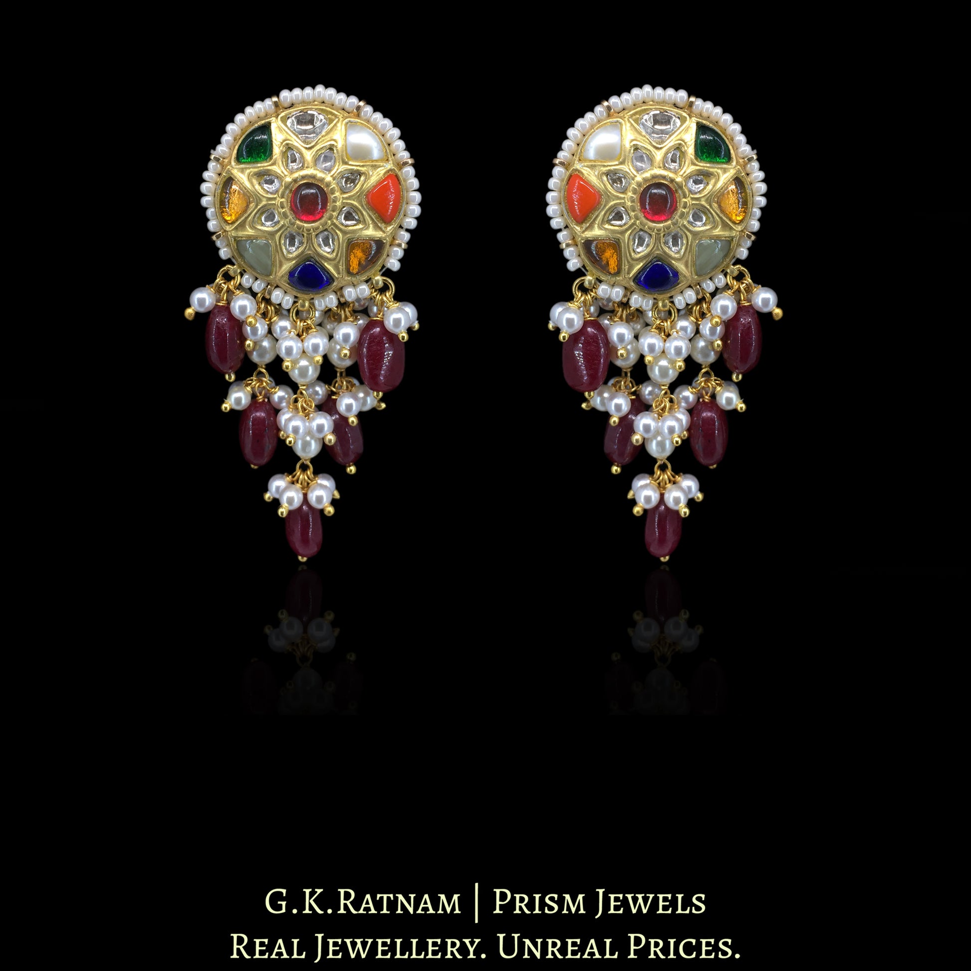 23k Gold and Diamond Polki Navratna Pendant Set with Rubies - G. K. Ratnam