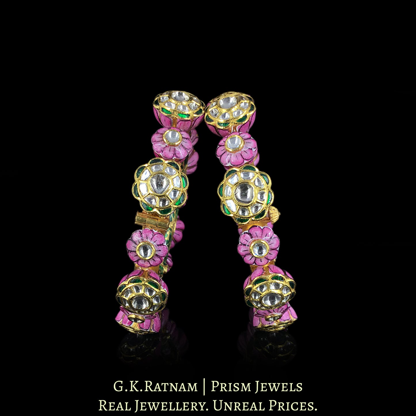 22k Gold and Diamond Polki Bangle Pair (Pacheli) with Pink Meenakari - G. K. Ratnam