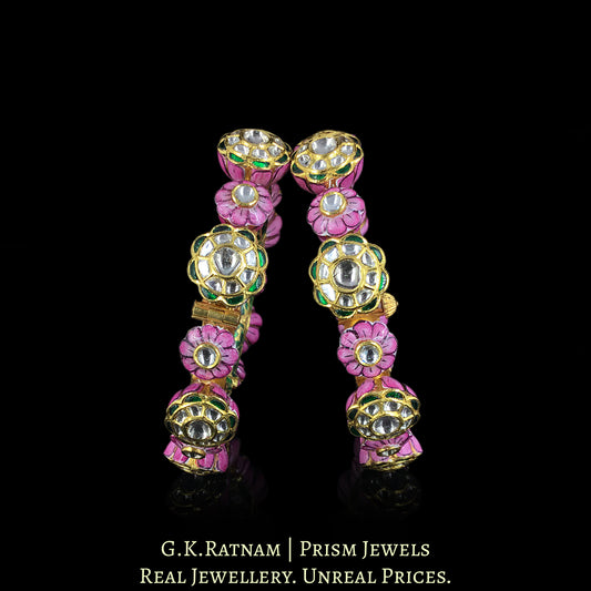 22k Gold and Diamond Polki Bangle Pair (Pacheli) with Pink Meenakari - G. K. Ratnam