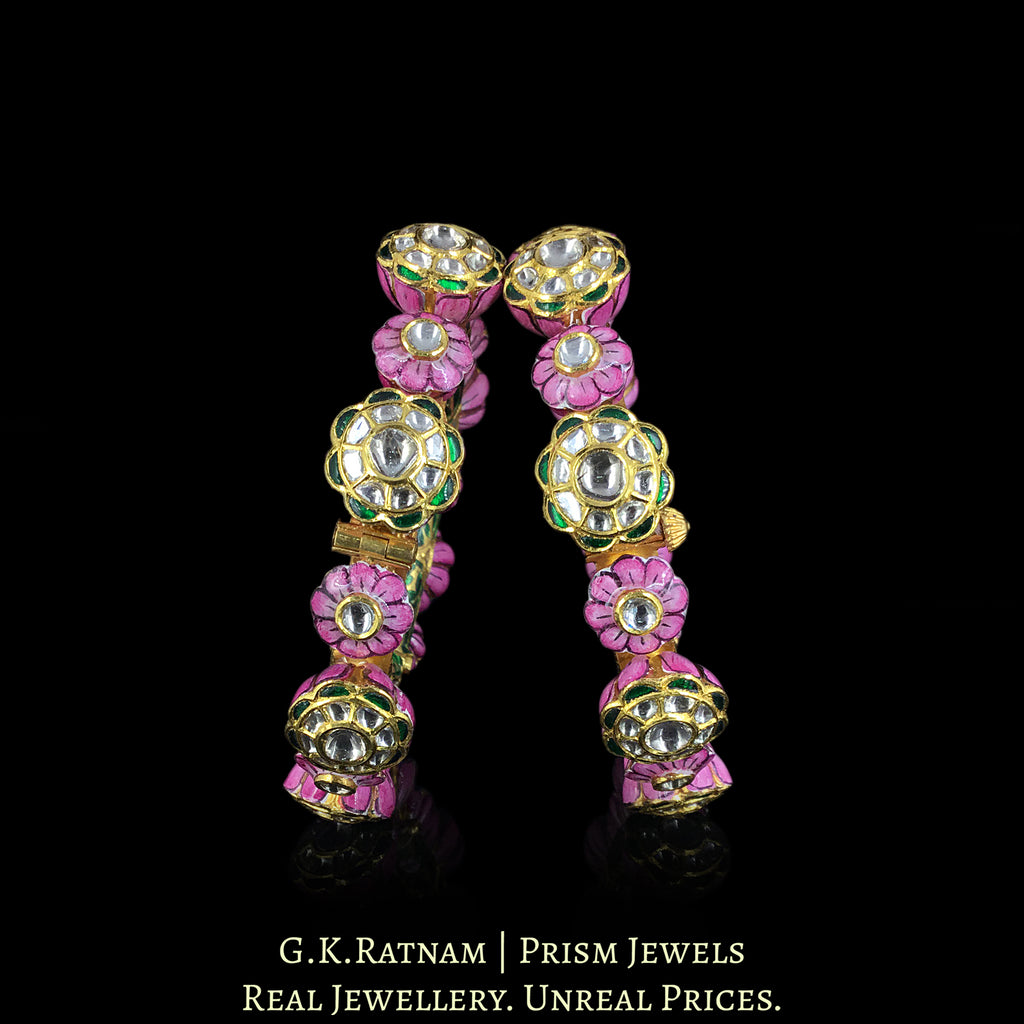 22k Gold and Diamond Polki Bangle Pair (Pacheli) with Pink Meenakari