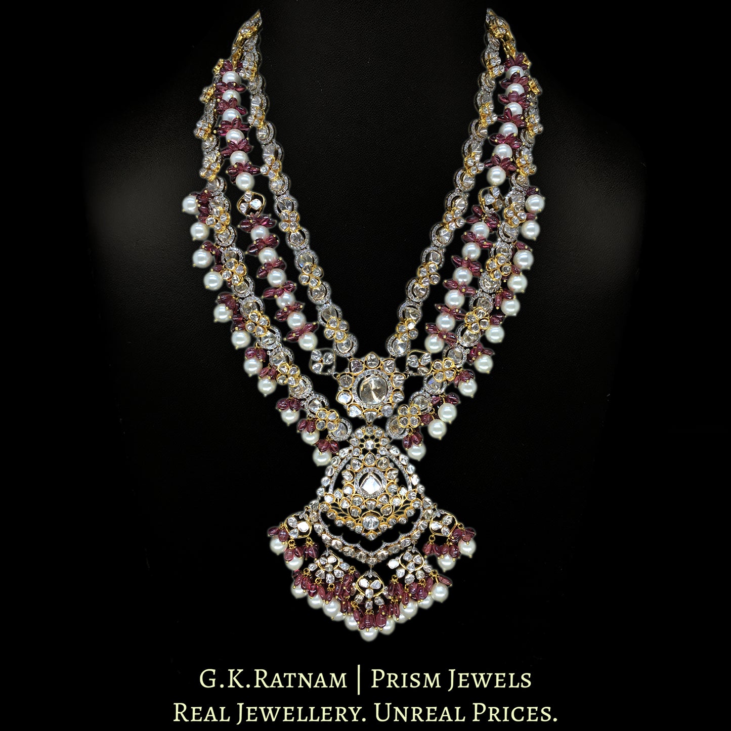 14k Gold and Diamond Polki Open Setting Necklace Set with Mozambique Garnets and south-sea-like Pearls - G. K. Ratnam