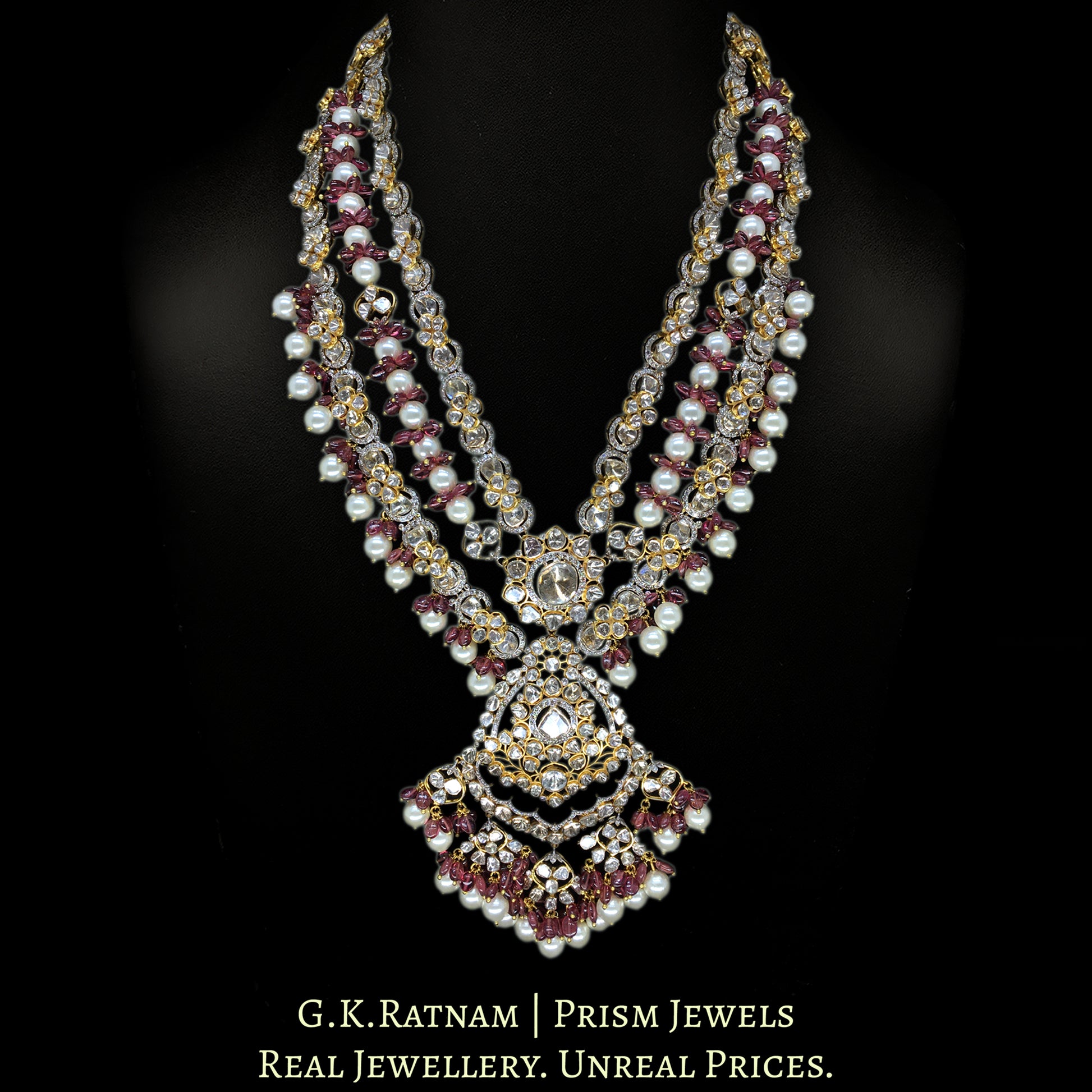 14k Gold and Diamond Polki Open Setting Necklace Set with Mozambique Garnets and south-sea-like Pearls - G. K. Ratnam