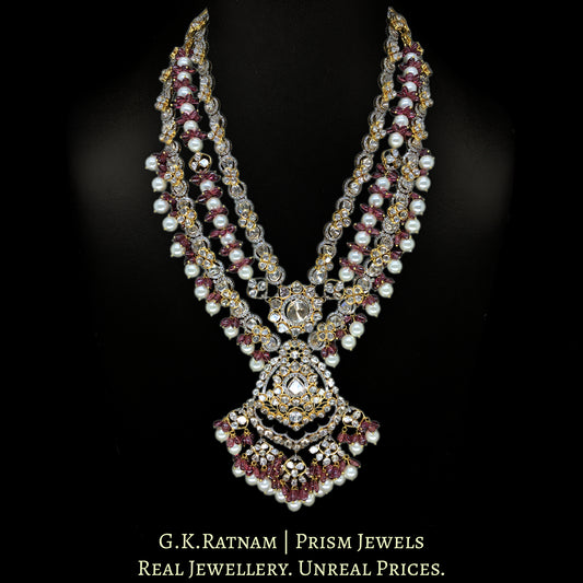 14k Gold and Diamond Polki Open Setting Necklace Set with Mozambique Garnets and south-sea-like Pearls - G. K. Ratnam