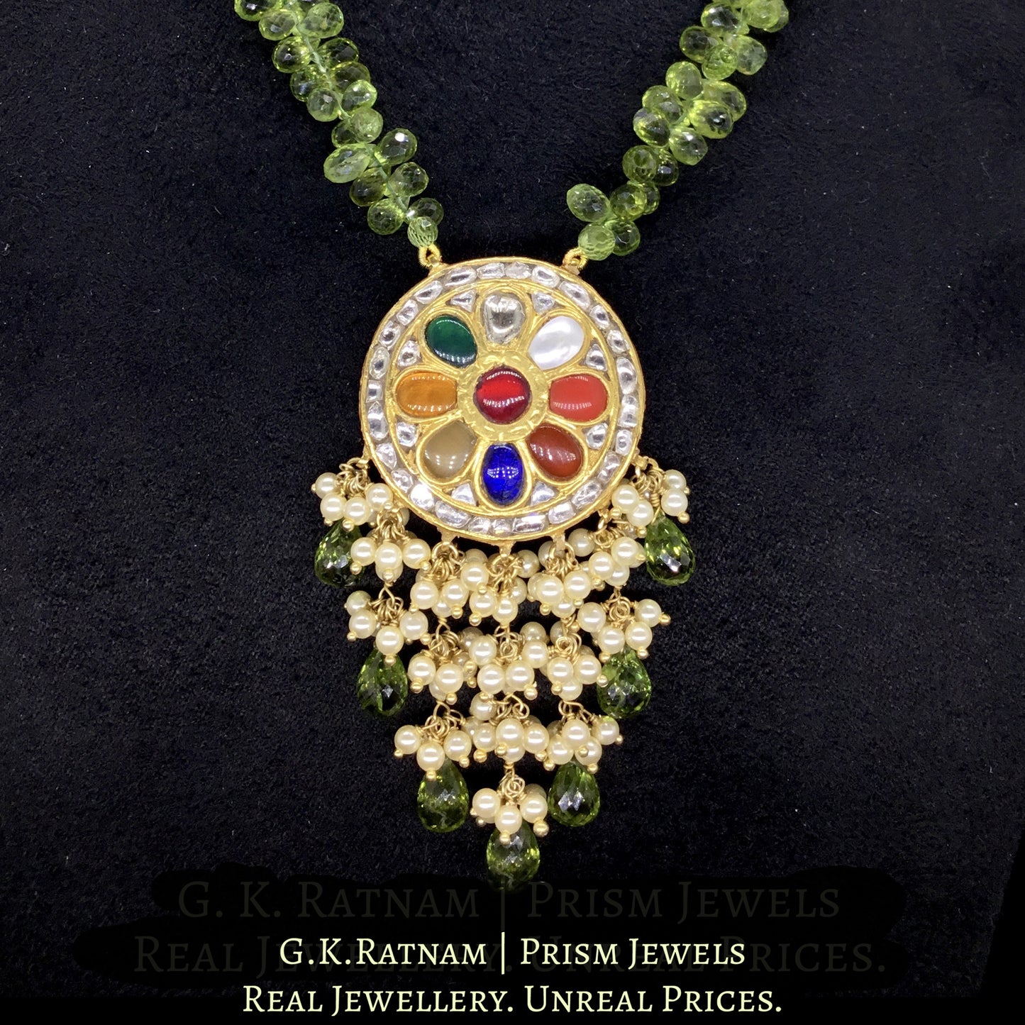 23k Gold and Diamond Polki Navratna Pendant enhanced with Peridot Drops and Pearl Bunches