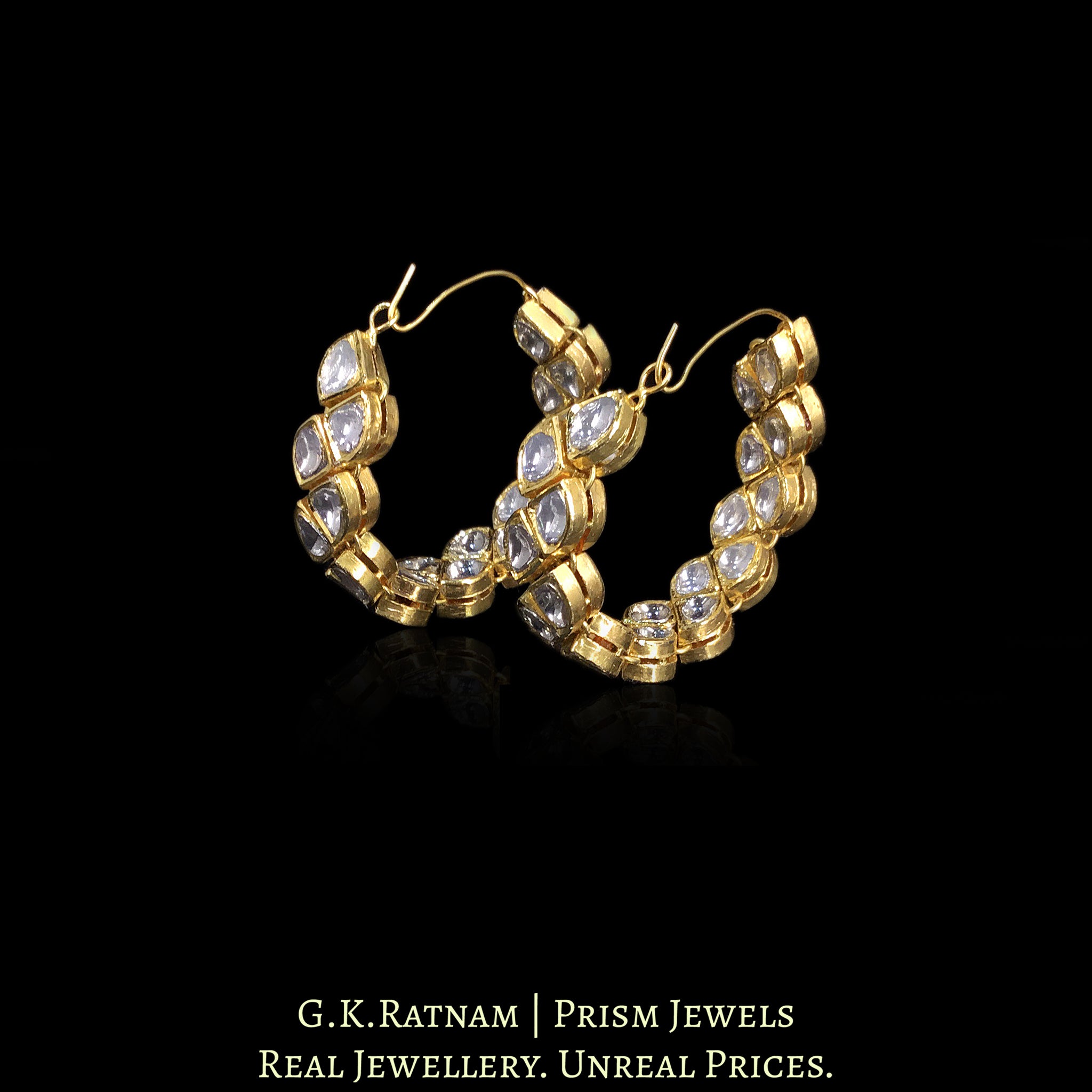 18k Gold and Diamond Polki Bali / Hoop Earring Pair