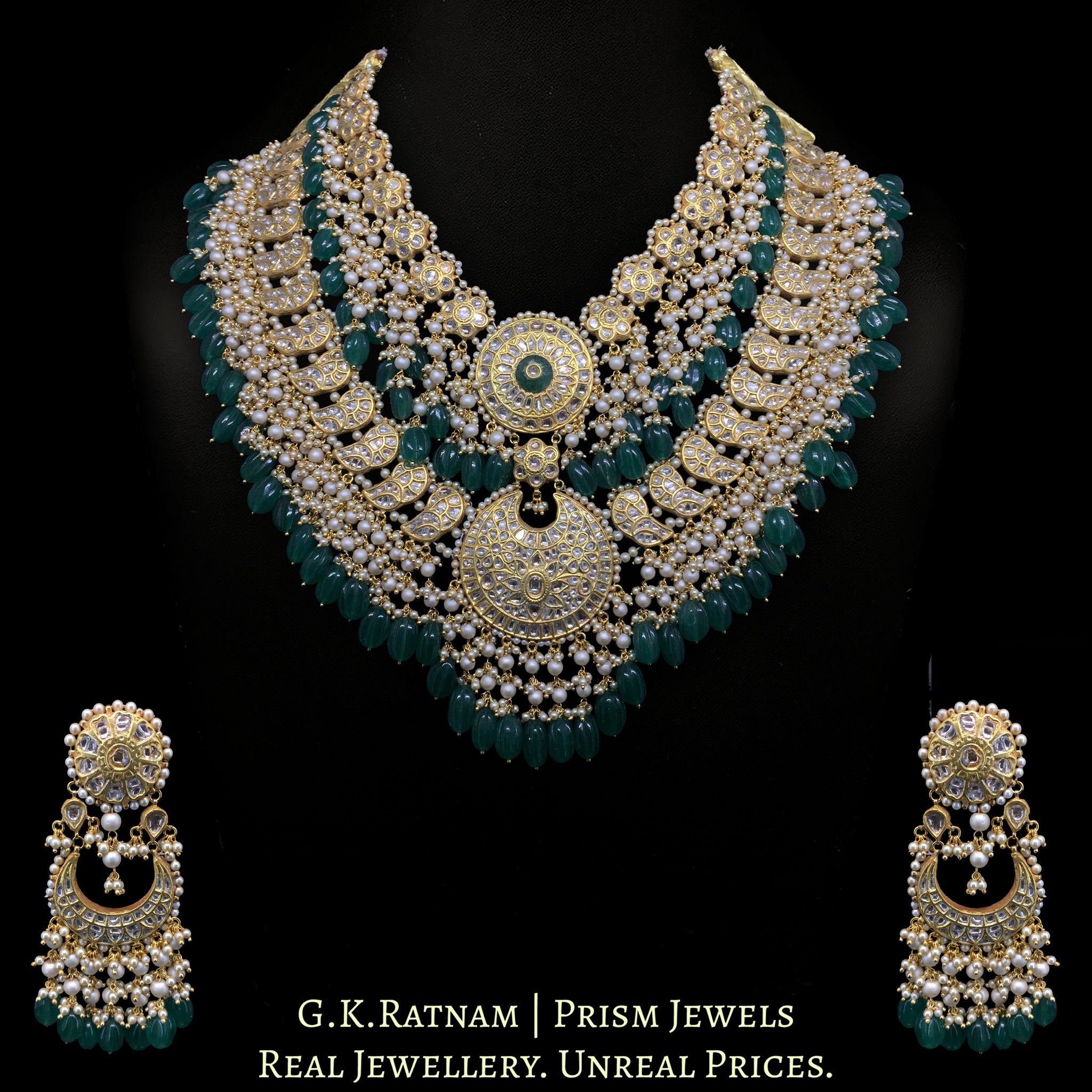 23k Gold and Diamond Polki Long Necklace Set with bird motifs