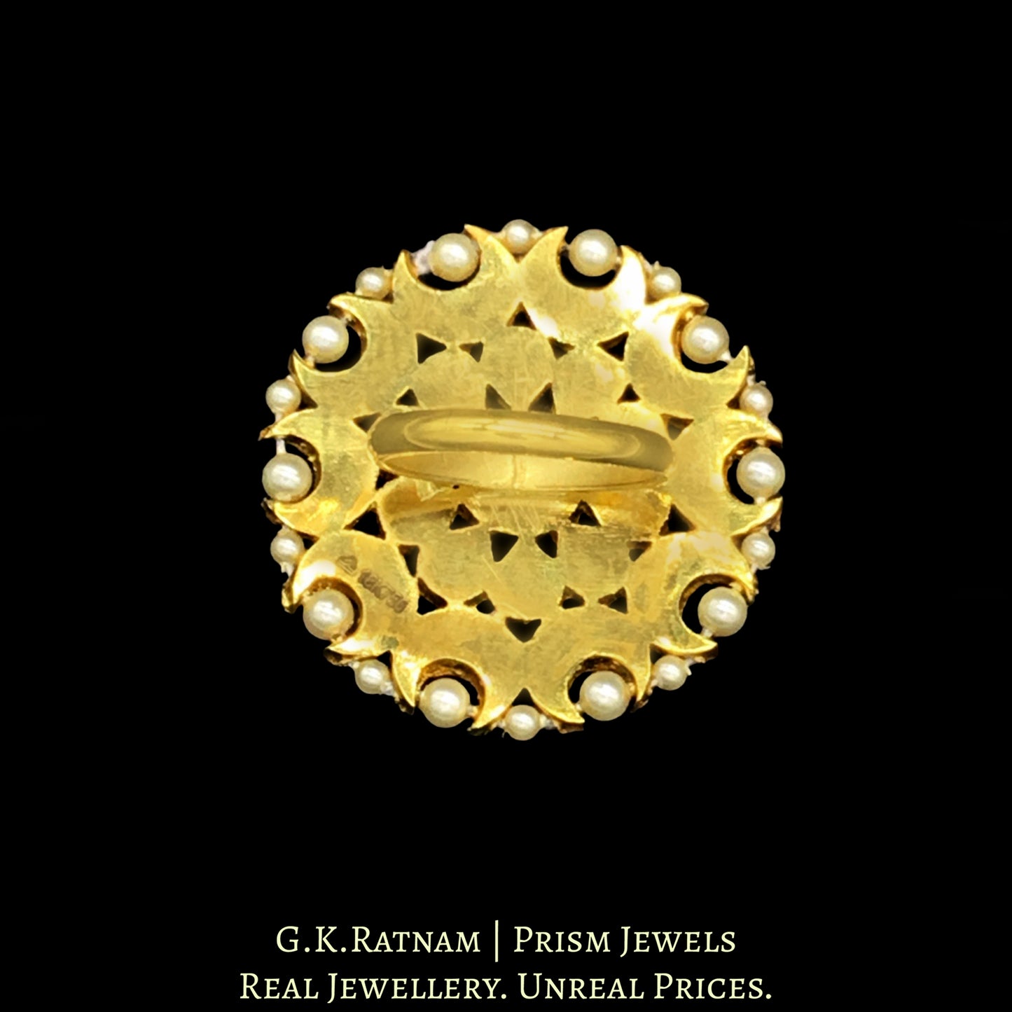 18k Gold and Diamond Polki Round Ring with Pearl Outlining - G. K. Ratnam