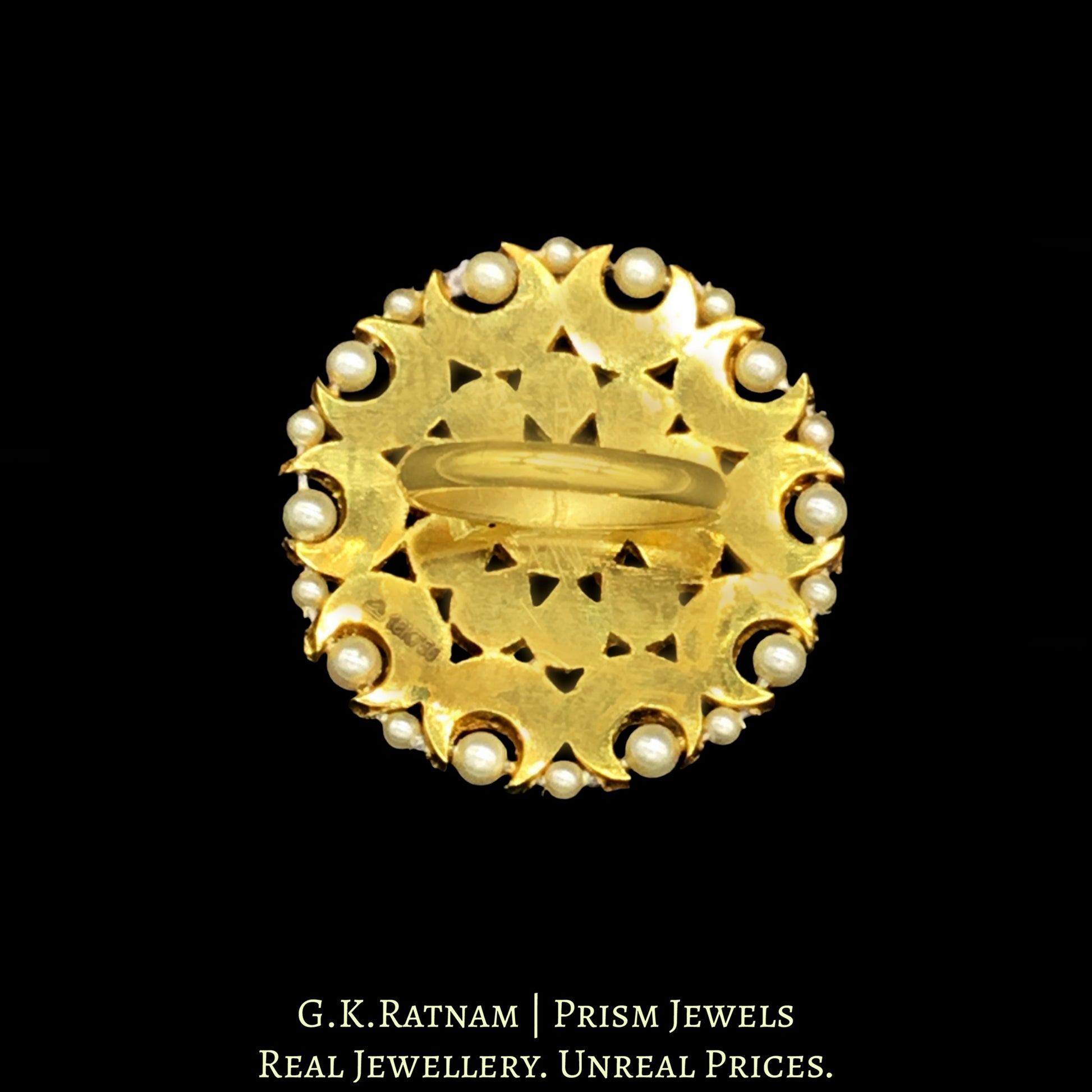 18k Gold and Diamond Polki Round Ring with Pearl Outlining - G. K. Ratnam