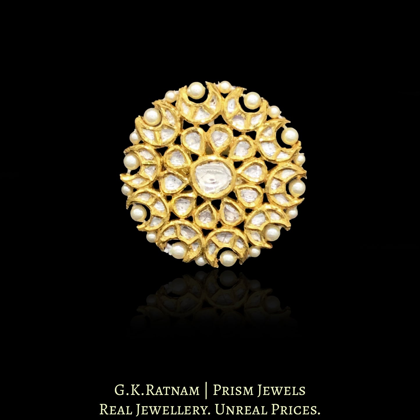 18k Gold and Diamond Polki Round Ring with Pearl Outlining - G. K. Ratnam