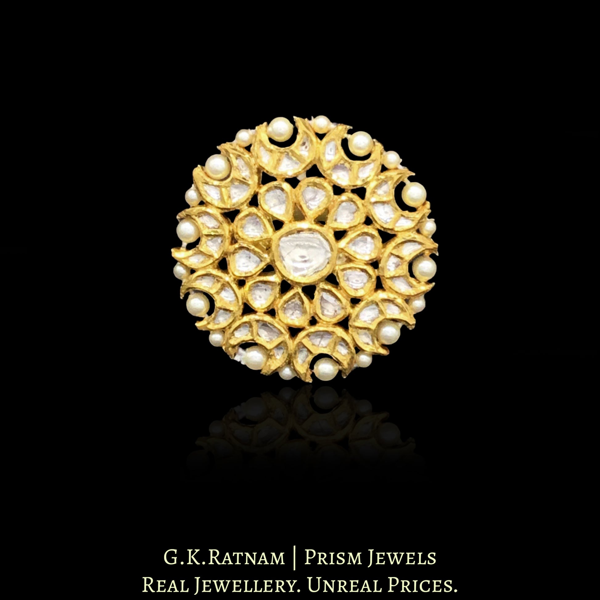 18k Gold and Diamond Polki Round Ring with Pearl Outlining - G. K. Ratnam